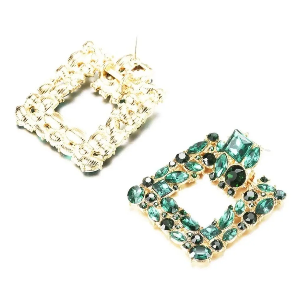 Yellow Gold with Emerald Green Crystal Geometric Square Post Back Drop Earrings
